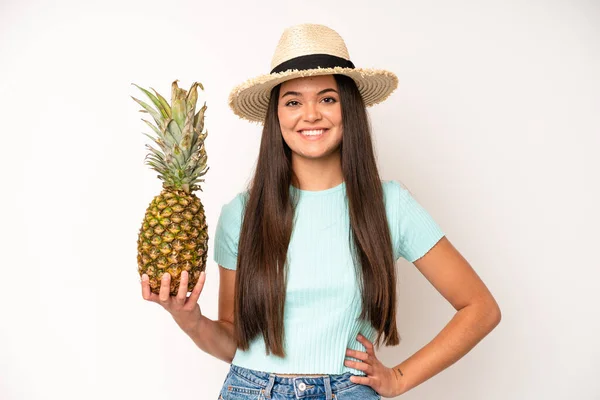 Hispanic Pretty Woma Smiling Looking Friendly Showing Number Two Pineapple — Stock fotografie