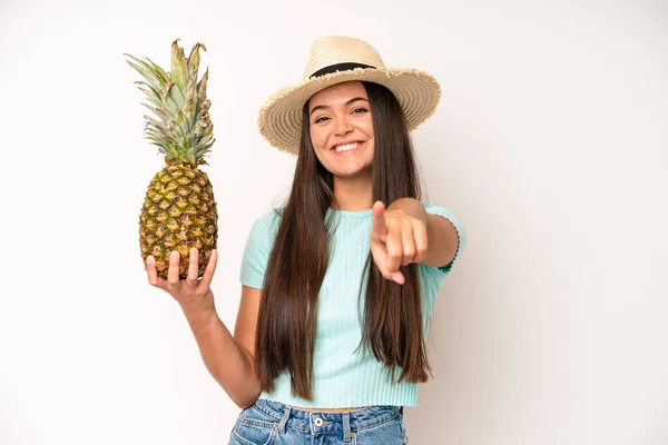 Hispanic Pretty Woma Smiling Cheerfully Feeling Happy Showing Concept Pineapple — Foto de Stock