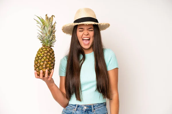 Hispanic Pretty Woma Laughing Out Loud Some Hilarious Joke Pineapple — Stok fotoğraf