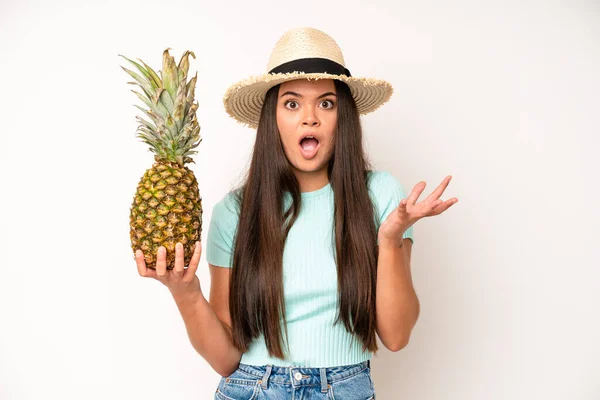 Hispanic Pretty Woma Smiling Happy Confident Expression Hand Chin Pineapple — Foto de Stock