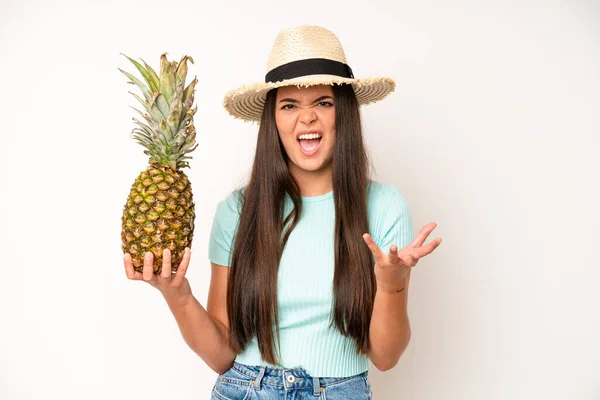 Hispanic Pretty Woma Pointing Camera Choosing You Pineapple Summer Concept — Foto de Stock