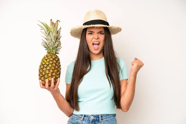 Hispanic Pretty Woma Shrugging Feeling Confused Uncertain Pineapple Summer Concept — Foto de Stock