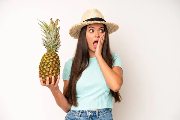 Hispanic Pretty Woma Feeling Stressed Anxious Tired Frustrated Pineapple Summer — Foto de Stock