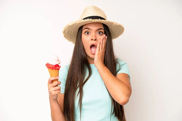 Hispanic Pretty Woma Feeling Shocked Laughing Celebrating Success Ice Cream — Foto Stock