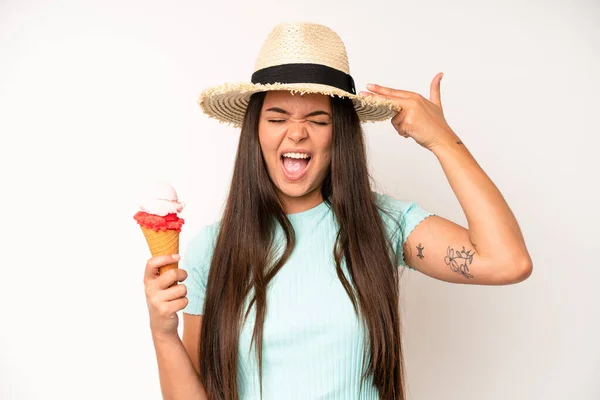Hispanic Pretty Woma Feeling Cross Showing Thumbs Ice Cream Summer — Foto de Stock