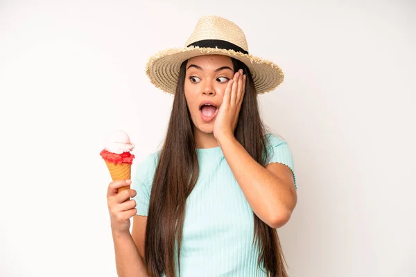 Hispanic Pretty Woma Feeling Stressed Anxious Tired Frustrated Ice Cream — Foto Stock