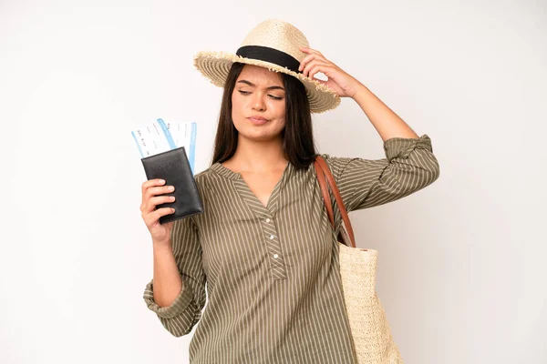 Hispanic Pretty Woma Smiling Looking Friendly Showing Number Three Travel — Foto Stock