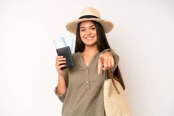 Hispanic Pretty Woma Smiling Cheerfully Feeling Happy Showing Concept Travel — Stock Fotó