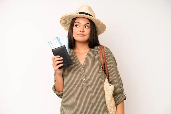 Hispanic Pretty Woma Looking Desperate Frustrated Stressed Travel Summer Concept — Stock Fotó