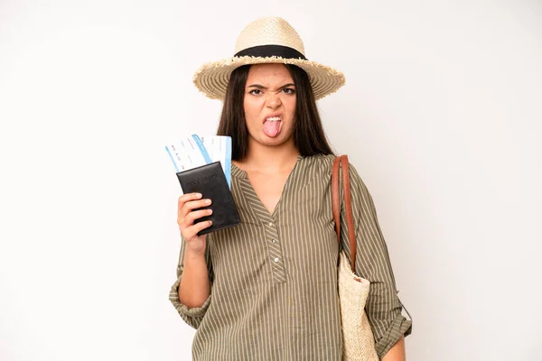 Hispanic Pretty Woma Cheerful Rebellious Attitude Joking Sticking Tongue Out — Foto Stock