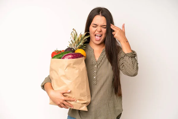 Hispanic Pretty Woma Feeling Cross Showing Thumbs Market Vegetables Bag — Stock fotografie