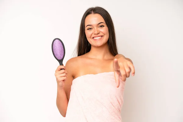 Hispanic Pretty Woma Smiling Cheerfully Feeling Happy Showing Concept Hair — Stock Photo, Image