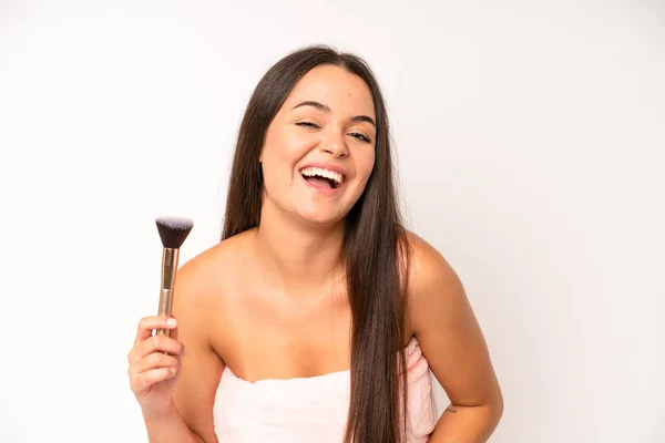 Hispanic Pretty Woma Smiling Cheerfully Feeling Happy Pointing Side Making — Stock Photo, Image