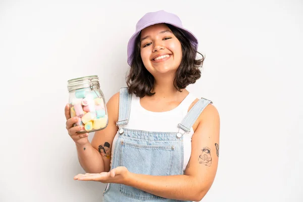 Hispanic Pretty Woma Smiling Cheerfully Feeling Happy Showing Concept Candies — Foto Stock