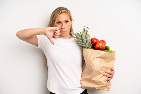 Pretty Caucasian Woman Feeling Cross Showing Thumbs Chef Market Vegetables — Stock fotografie