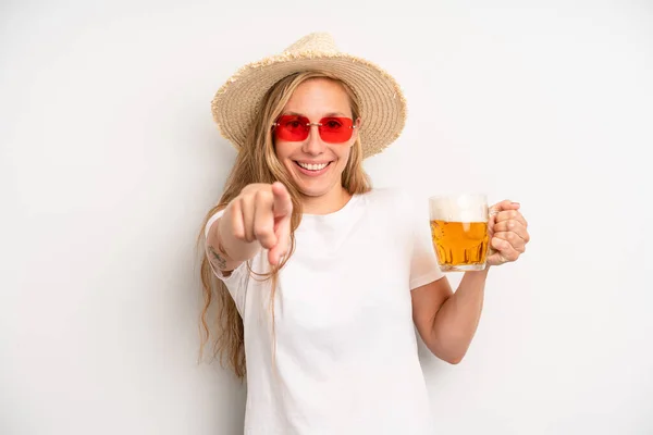 Pretty Caucasian Woman Pointing Camera Choosing You Beer Pint Concept — Stockfoto