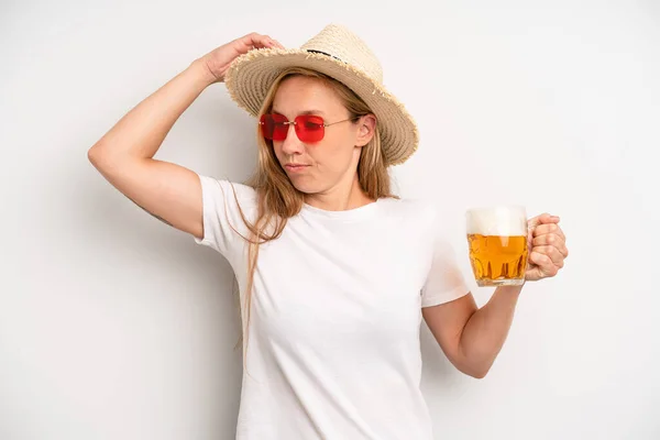 Pretty Caucasian Woman Smiling Happily Daydreaming Doubting Beer Pint Concept — Photo