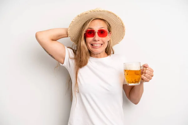 Pretty Caucasian Woman Feeling Stressed Anxious Scared Hands Head Beer — Foto Stock