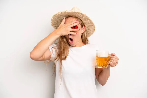 Pretty Caucasian Woman Looking Shocked Scared Terrified Covering Face Hand — Fotografia de Stock