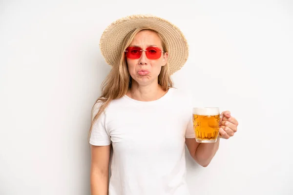 Pretty Caucasian Woman Feeling Sad Whiney Unhappy Look Crying Beer — Photo