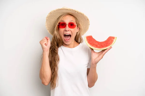 Pretty Caucasian Woman Feeling Shocked Laughing Celebrating Success Summer Watermelon —  Fotos de Stock