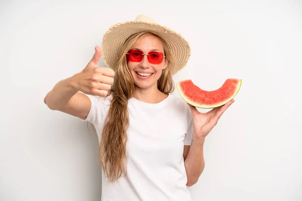 Pretty Caucasian Woman Feeling Proud Smiling Positively Thumbs Summer Watermelon —  Fotos de Stock