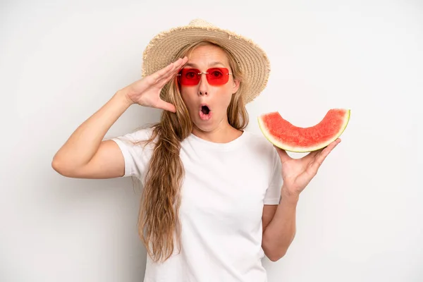 Pretty Caucasian Woman Looking Happy Astonished Surprised Summer Watermelon Concept —  Fotos de Stock