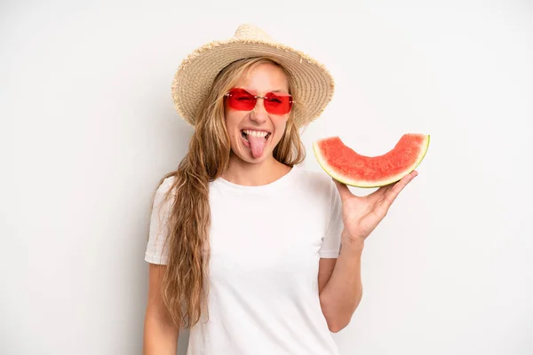 Pretty Caucasian Woman Cheerful Rebellious Attitude Joking Sticking Tongue Out —  Fotos de Stock