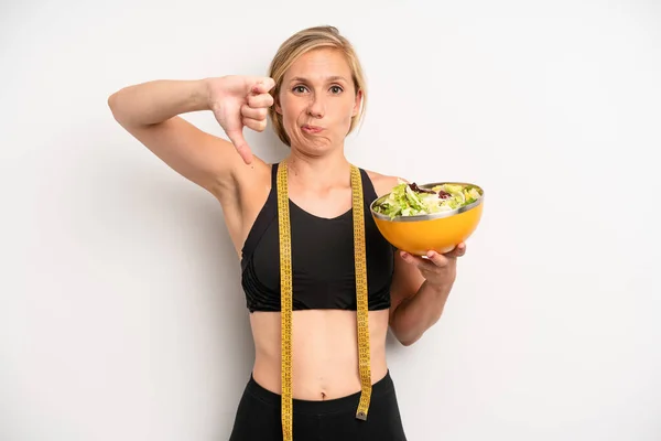Pretty Caucasian Woman Feeling Cross Showing Thumbs Salad Diet Concept — Photo