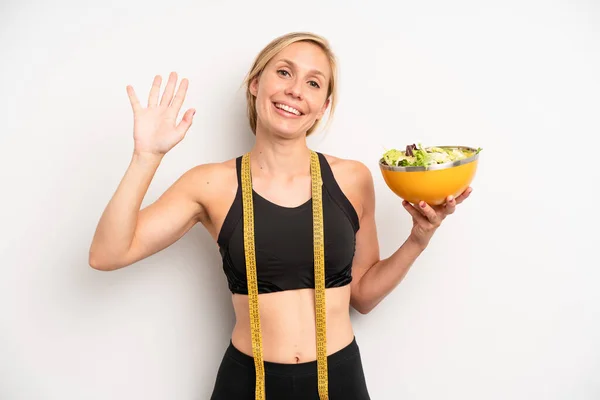 Pretty Caucasian Woman Smiling Happily Waving Hand Welcoming Greeting You — Stock Photo, Image