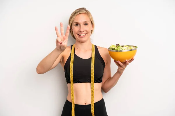 Pretty Caucasian Woman Smiling Looking Friendly Showing Number Three Salad — Photo