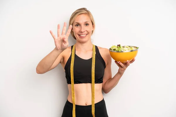 Pretty Caucasian Woman Smiling Looking Friendly Showing Number Four Salad — Stock Photo, Image