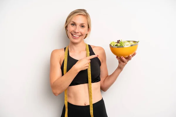 Pretty Caucasian Woman Smiling Cheerfully Feeling Happy Pointing Side Salad — Photo