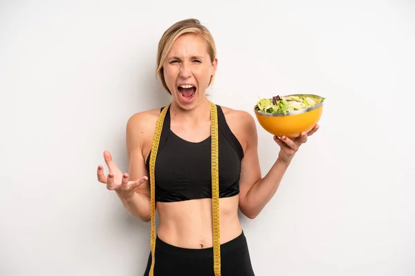 Pretty Caucasian Woman Looking Angry Annoyed Frustrated Salad Diet Concept — Stockfoto
