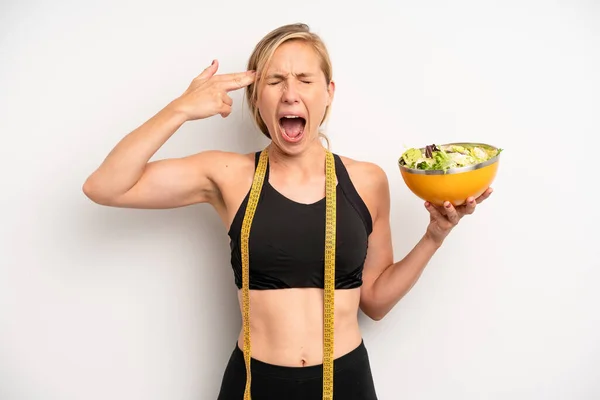 Een Blanke Vrouw Die Ongelukkig Gestrest Uitziet Zelfmoordgebaar Met Een — Stockfoto