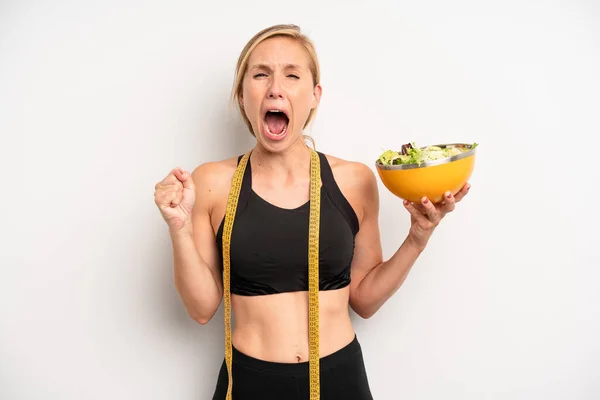 Pretty Caucasian Woman Shouting Aggressively Angry Expression Salad Diet Concept — Photo