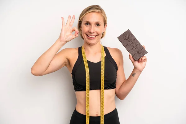 Pretty Caucasian Woman Feeling Happy Showing Approval Okay Gesture Chocolate — Stock Photo, Image