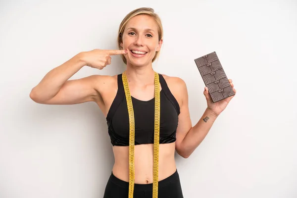 Pretty Caucasian Woman Smiling Confidently Pointing Own Broad Smile Chocolate — Stock Photo, Image