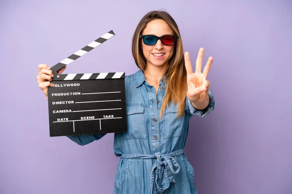 Pretty Caucasian Woman Smiling Looking Friendly Showing Number Three Film — Stock Photo, Image