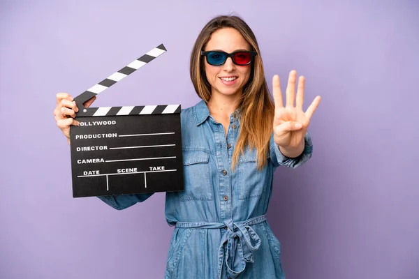 Pretty Caucasian Woman Smiling Looking Friendly Showing Number Four Film — Stock Photo, Image
