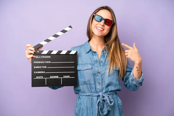 Pretty Caucasian Woman Smiling Confidently Pointing Own Broad Smile Film — Stock Photo, Image