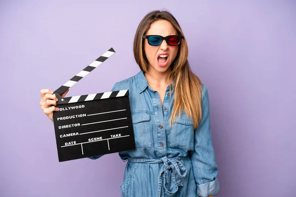 Pretty Caucasian Woman Shouting Aggressively Looking Very Angry Film Movie — Fotografia de Stock