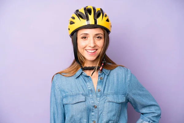 Pretty Caucasian Woman Smiling Happily Hand Hip Confident Bike Helmet — Stockfoto