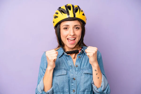Pretty Caucasian Woman Feeling Shocked Laughing Celebrating Success Bike Helmet — Stockfoto