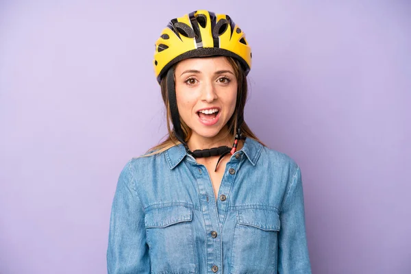 Pretty Caucasian Woman Looking Very Shocked Surprised Bike Helmet Concept — Stockfoto