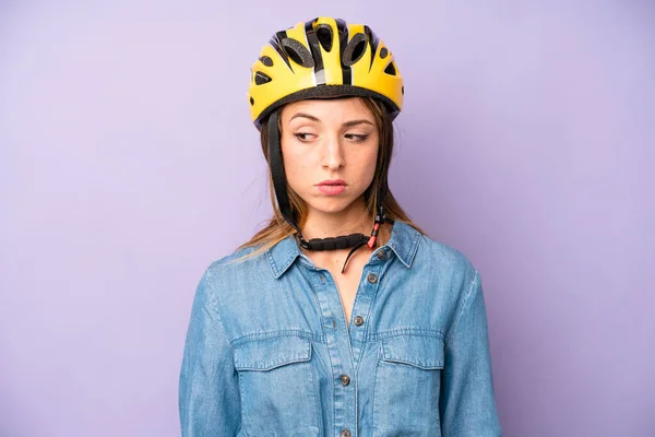 Pretty Caucasian Woman Profile View Thinking Imagining Daydreaming Bike Helmet — Stockfoto