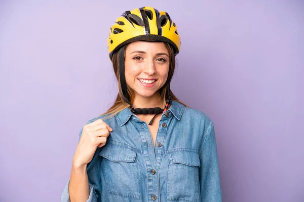 Pretty Caucasian Woman Looking Arrogant Successful Positive Proud Bike Helmet — Stockfoto