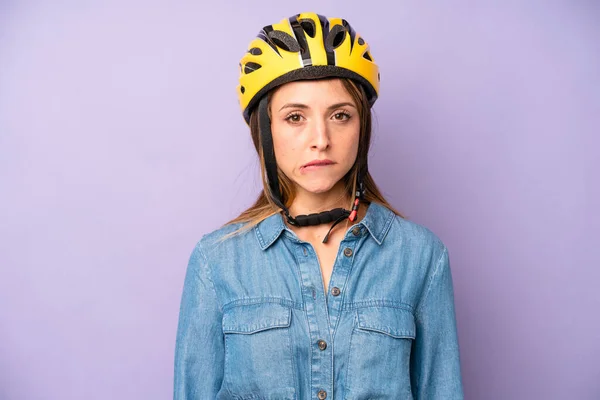 Pretty Caucasian Woman Looking Puzzled Confused Bike Helmet Concept — Stockfoto