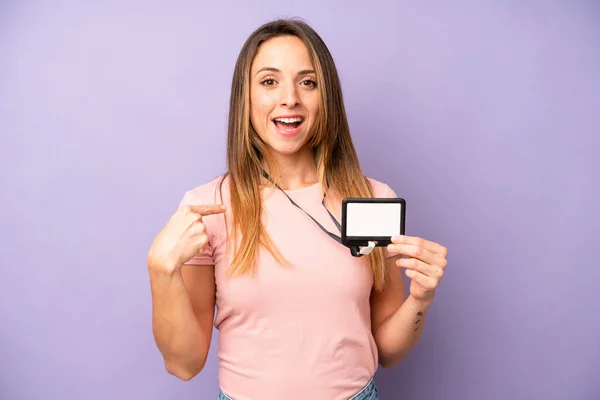 Pretty Caucasian Woman Feeling Happy Pointing Self Excited Vip Pass — Fotografia de Stock