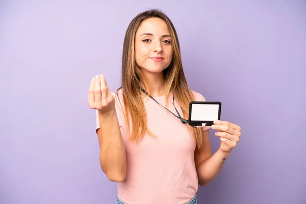 Pretty Caucasian Woman Making Capice Money Gesture Telling You Pay — Zdjęcie stockowe